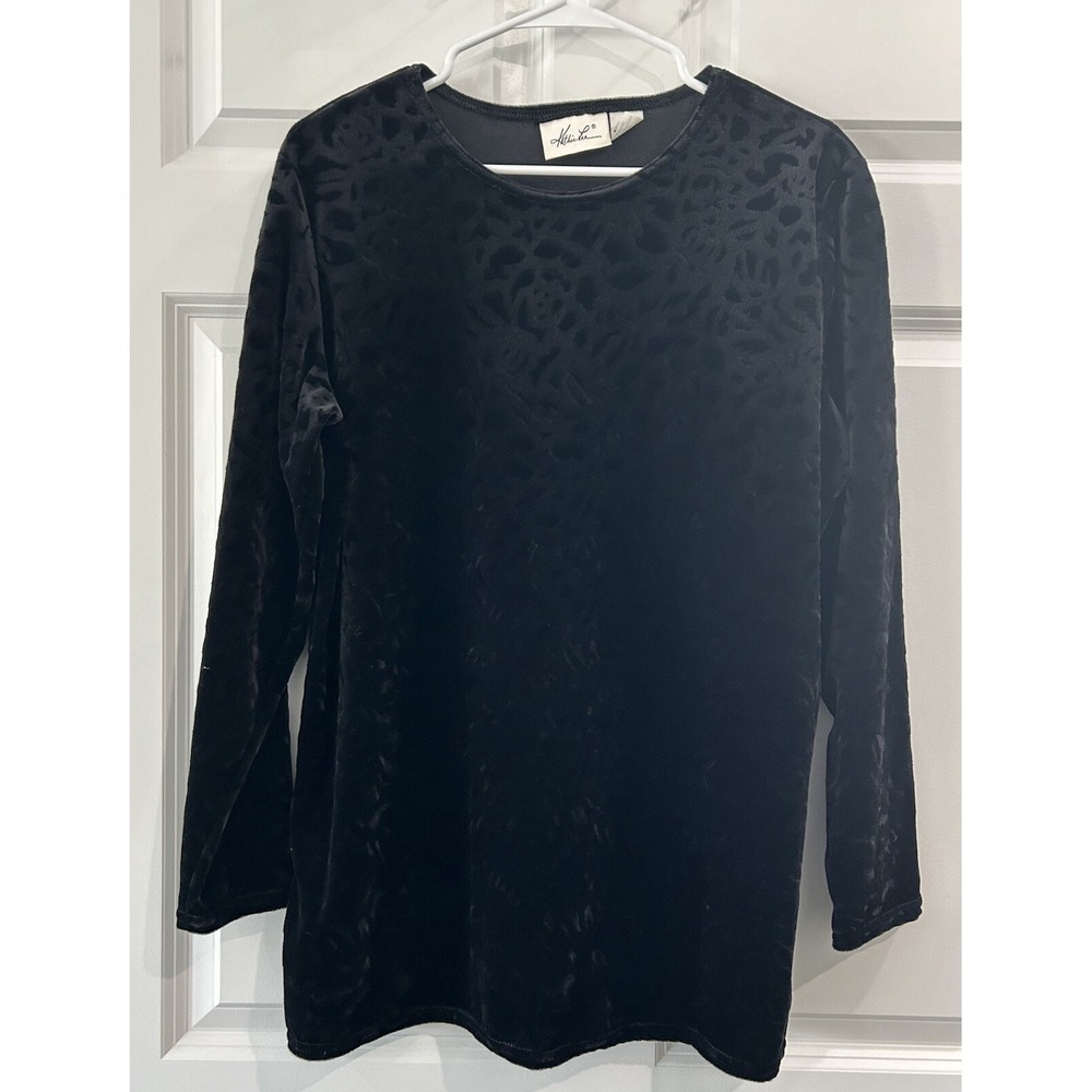 Women's Vintage Velvet Blouse Size L‎ Animal Print Black Witchy Goth Dark Preppy